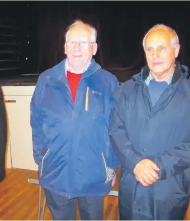  ??  ?? Speaker Alan Richardson, with Iain Hendry and chairman Colin MacKenzie, at the talk at Brodick Hall.