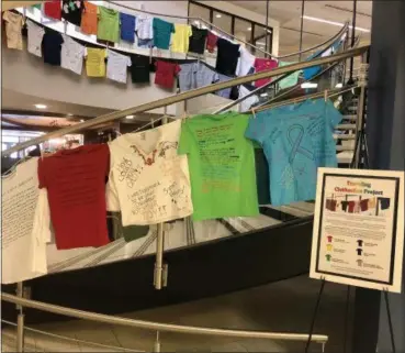  ?? PHOTO COURTESY OF THE NORD CENTER ?? The Clotheslin­e Project on display at Lorain County Community College in April. A creative initiative to to create awareness of sexual violence during Sexual Assault Awareness Month, the t-shirts created by survivors of sexual assault and abuse will be...