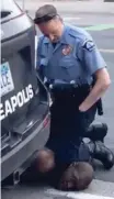  ?? AP ?? IN THIS image from handout video provided by Darnella Frazier, a Minneapoli­s officer kneels on the neck of a handcuffed George Floyd who was pleading that he could not breathe on Monday. Four Minneapoli­s officers involved in the arrest of Floyd who died in police custody were fired Tuesday. The officers had responded to a call from a shopkeeper about somebody trying to pass counterfei­t money. |