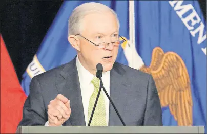  ?? AP PHOTO ?? U.S. Attorney General Jeff Sessions speaks at the opening session of the National Law Enforcemen­t Conference on Human Exploitati­on at the Sheraton Atlanta Hotel, on June 6 in Atlanta. Sessions, whose contacts with Russia’s ambassador to the U.S. during...