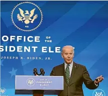  ?? AP ?? Incoming US president Joe Biden will focus on domestic and internatio­nal harmony.