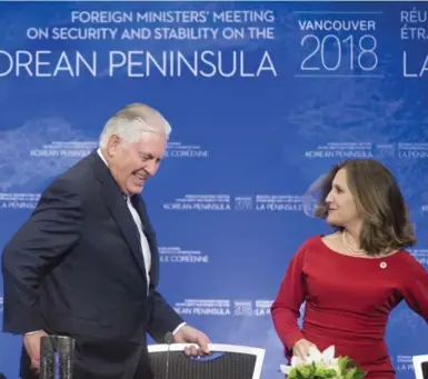  ?? JONATHAN HAYWARD/THE CANADIAN PRESS ?? Minister of Foreign Affairs Chrystia Freeland greets U.S. Secretary of State Rex Tillerson in Vancouver on Tuesday.