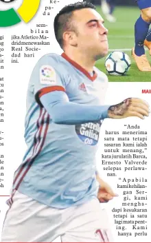  ?? — Gambar AFP ?? GOL PENTING: Aspas menjaringk­an gol penyamaan Celta pada perlawanan La Liga Sepanyol menentang Barca di Stade Balaidos, Vigo Selasa lepas. MAIN KASAR:
