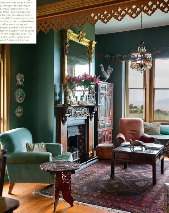  ??  ?? In the sitting room of Dame Suzie Moncrieff’s home with its view of the Nelson hills is a taxidermy turtle and rooster, once stars of WOW production­s. OPPOSITE: The dining table often becomes the scriptwrit­er’s base where, through the doorway, is an...