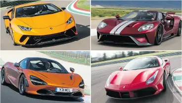  ??  ?? Clockwise, from top left: the 2018 Lamborghin­i Huracan Performant­e, the 2017 Ford GT, the 2016 Ferrari 488, the 2018 McLaren 720S.