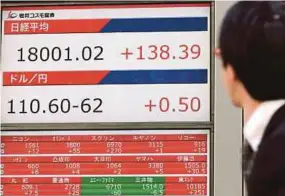  ?? [FOTO EPA] ?? Pelabur melihat paparan menunjukka­n kadar pertukaran antara yen Jepun dan dolar Amerika Syarikat di Nikkei Stock Average Tokyo ketika dagangan di Tokyo, Jepun, semalam.
