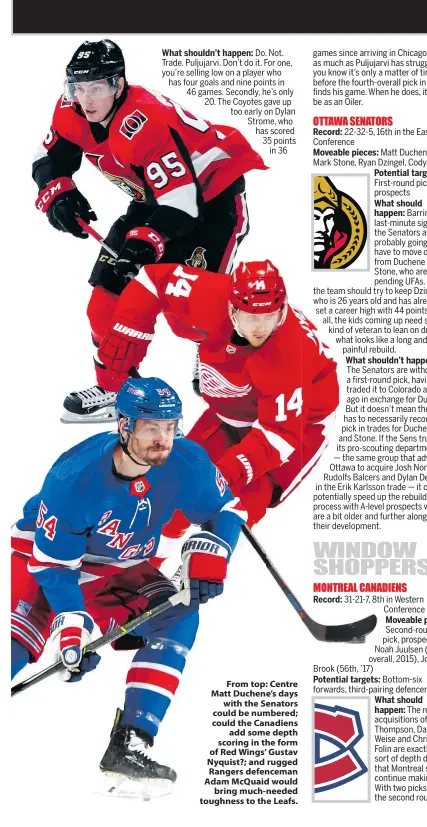  ??  ?? From top: Centre Matt Duchene’s days with the Senators could be numbered; could the Canadiens add some depth scoring in the form of Red Wings’ Gustav Nyquist?; and rugged Rangers defenceman Adam McQuaid would bring much-needed toughness to the Leafs.