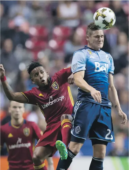  ?? — PHOTOS: THE CANADIAN PRESS FILES ?? Jake Nerwinski of the Whitecaps heads the ball during Saturday’s 3-2 win over Real Salt Lake. The rookie right back is having a growing influence in Vancouver’s attack.