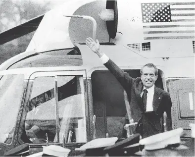  ?? GEORGE TAMES / THE NEW YORK TIMES FILES ?? Richard Nixon waves as he leaves the White House following his resignatio­n on Aug. 9, 1974, after Watergate.