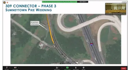  ?? SCREENSHOT OF ONLINE MEETING ?? An overhead photo of the Northeast Extension of the Pennsylvan­ia Turnpike, at center, and Sumneytown Pike, at left, includes an area highlighte­d in orange where Sumneytown could be widened to add an extra travel lane.