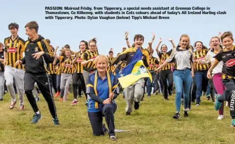  ??  ?? PASSION: Mairead Frisby, from Tipperary, a special needs assistant at Grennan College in Thomastown, Co Kilkenny, with students in Cats colours ahead of today’s All Ireland Hurling clash with Tipperary. Photo: Dylan Vaughan (below) Tipp’s Michael Breen