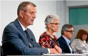  ?? GETTY IMAGES ?? Cycling NZ chair Phil Holden, left, speaks at the review release alongside Professor Sarah Leberman, Michael Heron QC and Raelene Castle, HPSNZ CEO.