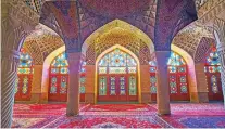  ??  ?? Persian display: Rugs in the Nasir al-Mulk Mosque in Shiraz, Iran