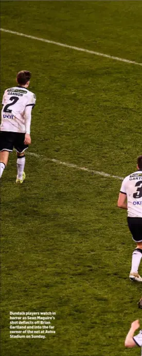  ??  ?? Dundalk players watch in horror as Sean Maguire’s shot deflects off Brian Gartland and into the far corner of the net at Aviva Stadium on Sunday.