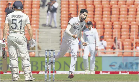  ?? BCCI ?? On a day dominated by spinners, Mohammed Siraj bagged the crucial wickets of Jonny Bairstow (in pic) and Joe Root on Thursday.