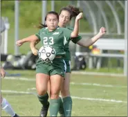  ?? STAN HUDY/THE SARATOGIAN ?? Shenendeho­wa junior froward Olivia Behan steps in front of teammate, Gloria Kokkinides for a ball in the first half of Tuesday’s Suburban Council clash on the Shen campus.