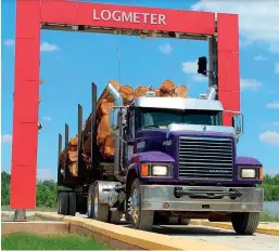  ??  ?? A log truck passes through the Woodtech Logmeter scanner to record the volume of its load.