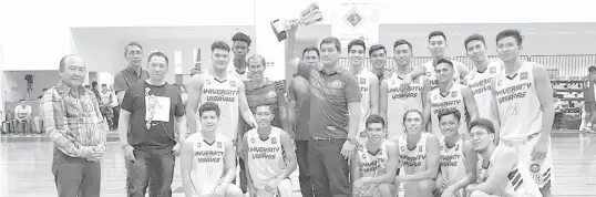  ??  ?? The UV Lancers led by coach Gary Cortes celebrate after winning the Regional Championsh­ip of the 2018 Philippine Collegiate Champions League (PCCL) last Friday at the Arcadia Active Lifestyle Center in Davao City. PCCL PHOTO