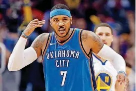  ?? [PHOTO BY NATE BILLINGS, THE OKLAHOMAN] ?? Carmelo Anthony said the Thunder can’t have “slippage” when it plays Detroit on Friday. Oklahoma City is coming off a 108-91 win against the defending NBA champion Warriors.