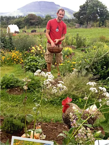  ??  ?? Clockwise from above: Ross harvesting flowers as a chicken looks on; plants growing in a polytunnel, sheltered from the unpredicta­ble Irish weather; a very young harvester