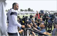  ?? MICHAEL OWEN BAKER/THE ASSOCIATED PRESS ?? Dallas Cowboys quarterbac­k Dak Prescott speaks Monday during a news conference following practice at the team’s training camp in Oxnard, Calif.