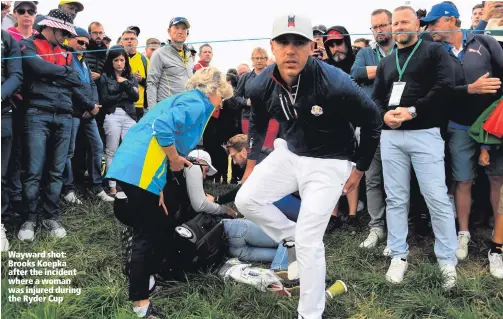  ??  ?? Wayward shot: Brooks Koepka after the incident where a woman was injured during the Ryder Cup