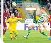  ??  ?? Kristoffer Ajer fires over from close range against Red Bull Salzburg on Thursday night