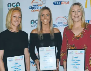  ??  ?? Drouin netballers chosen in Gippsland League’s team of the year were, from left, Christie Edwards, Jessie Hedley and Stacie Gardiner.