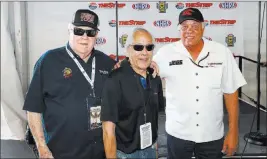  ?? Jeff Speer ?? The Associated Press From left, Tom Mcewen, Roland Leong, and Don Prudhomme in April at the DENSO Spark Plugs NHRA Four-wide Nationals at The Strip at Las Vegas Motor Speedway.