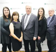  ??  ?? David Mitchell was posthumous­ly recognized as a 2018 Southern Alberta Business Hall of Fame Laureate at an SRO gala dinner held Oct 25 at the Hyatt Regency Calgary. Pictured, from left, representi­ng the Mitchell family, are Carolyn Mitchell, Ling Chen, Dave Mitchell, Jessica Mitchell and family friend Mike Tims, vice-chairman, Matco Investment­s.