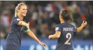  ?? Francisco Seco / Associated Press ?? France’s Amandine Henry, left, celebrates with teammate Eve Perisset after Henry scored her side’s fourth goal against South Korea during the Group A soccer match at the Women’s World Cup at the Parc des Princes in Paris on Friday.