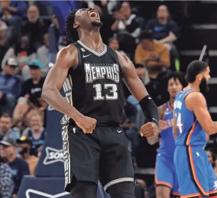  ?? PETRE THOMAS/USA TODAY SPORTS ?? Grizzlies forward Jaren Jackson Jr. reacts during Friday’s game against the Thunder at Fedexforum.