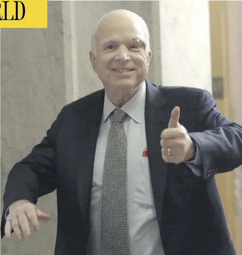  ?? WIN MCNAMEE / GETTY IMAGES ?? Sen. John McCain returns to the U.S. Senate in Washington Tuesday, less than a week after being diagnosed with brain cancer. He returned for the Senate’s key procedural vote on repealing and replacing the Affordable Care Act.