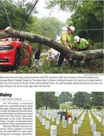  ?? STAFF PHOTO BY ERIN O. SMITH STAFF PHOTO BY DOUG STRICKLAND ?? Billy Holcomb and Craig Leonard, foremen with EPB contractor Wolf Tree, remove a tree that toppled onto Jacques Mack’s Dodge Charger on Thursday. Mack is shown cradling his head in his hands as he walks behind the car at the corner of Stuart Street and...