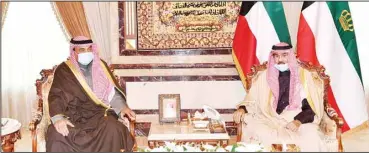  ?? KUNA photo ?? His Highness the Amir Sheikh Nawaf Al-Ahmad Al-Jaber Al-Sabah received His Highness Sheikh Sabah Khaled Al-Hamad AlSabah, Prime Minister.