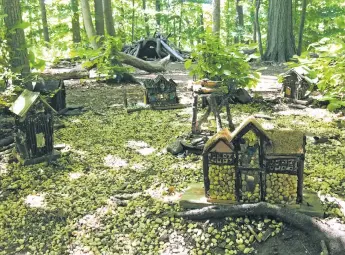  ?? PHOTOS COURTESY THERESE OJIBWAY ?? ABOVE: Fairy houses created by Therese Ojibway and volunteers.
LEFT: Ojibway with her son, Clinton Craig, on the South Mountain Fairy Trail in 2016.