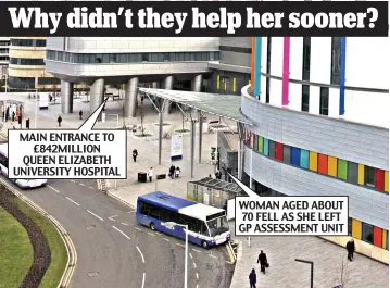  ??  ?? MAIN ENTRANCE TO £8 2MILLION QUEEN ELIZABETH UNIVERSITY HOSPITAL WOMAN AGED ABOUT 70 FELL AS SHE LEFT GP ASSESSMENT UNIT