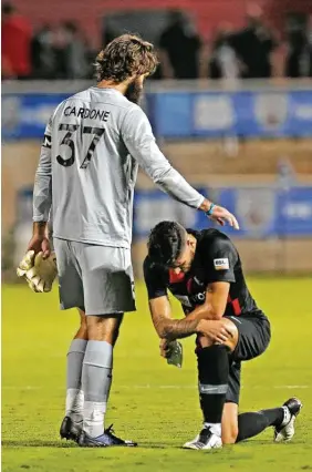  ?? Ronald Cortes / Contributo­r ?? Goalkeeper Matthew Cardone, left, says his team’s COVID-19 outbreak was “a challenge to get through” but is confident San Antonio FC is “on the other side of it.”