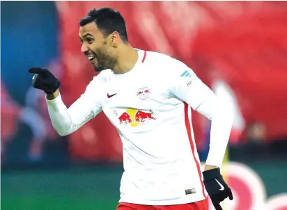  ??  ?? Leipzig’s Marvin Compper celebrates after scoring for his team against Eintracht Frankfurt yesterday Photo: AP