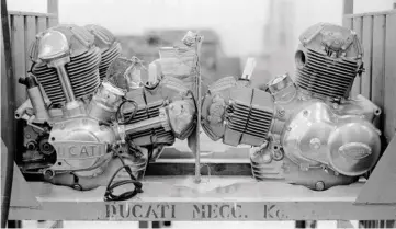  ??  ?? The Ducati V-twin of 1972: thing of great beauty (although it took Allan Tannenbaum a while to get used to it, as ‘it looked so strange at first’). These are 750 Sport engines, racked up and awaiting fitting into frames