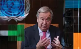 ?? Composite: Guardian Design/Getty Images ?? António Guterres: ‘Some government­s and business leaders are saying one thing but doing another. Simply put, they are lying.’