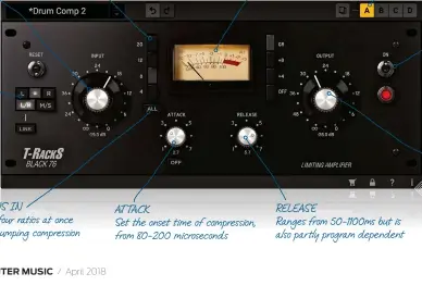  ??  ?? INPUT Turn this up to drive the input signal and lower the compressio­n threshold STEREO MODES Use Black 76 in stereo or mid/side mode, and edit each channel independen­tly RATIO Select one of four compressio­n ratios, from 4:1 to 20:1 ALL BUTTONS IN...