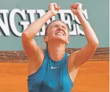  ?? MICHEL EULER/ASSOCIATED PRESS ?? Romania’s Simona Halep celebrates winning the women’s final Saturday at the French Open in Paris against the United States’ Sloane Stephens in three sets: 3-6, 6-4, 6-1.