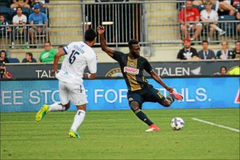  ?? DIGITAL FIRST MEDIA FILE ?? The Union’s CJ Sapong, seen in a game last year, scored a goal and an assist in a 2-0 win over D.C. United Wednesday.