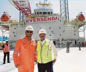  ??  ?? Eversendai Corp Bhd executive chairman and group managing director Tan Sri A.K. Nathan (right) and Eversendai Offshore chief executive officer Narish Nathan after the launch of Eversendai Offshore’s first self-propelled liftboat, Aryan, in Raz Al...