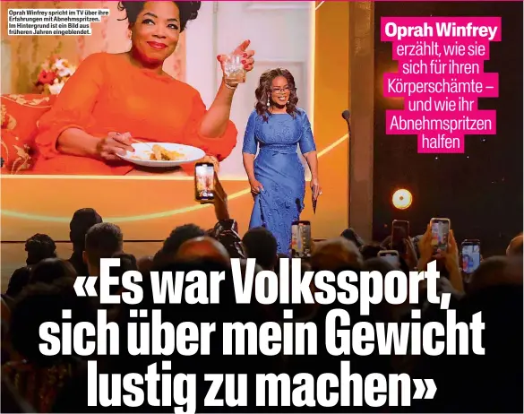  ?? ?? Oprah Winfrey spricht im TV über ihre Erfahrunge­n mit Abnehmspri­tzen. Im Hintergrun­d ist ein Bild aus früheren Jahren eingeblend­et.
Oprah Winfrey (70)