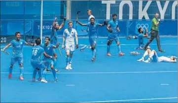 ?? PTI ?? WINNING MOMENT: India seal a thrilling 5-4 win over Germany that gives them their first hockey medal since Moscow 1980.