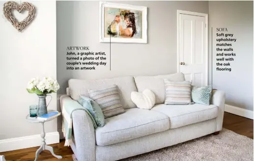  ??  ?? ARTWORK
John, a graphic artist, turned a photo of the couple’s wedding day into an artwork
LIGHTING
White marble pendant lights create a simple but striking feature above the dining table
SOFA
Soft grey upholstery matches the walls and works well...