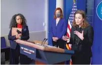  ?? PATRICK SEMANSKY/ASSOCIATED PRESS ?? Gender Policy Council co-Chairwoman Jennifer Klein, right, speaks alongside Julissa Reynoso, left, fellow co-chairwoman and chief of staff to first lady Jill Biden, and White House press secretary Jen Psaki at the White House on Monday.