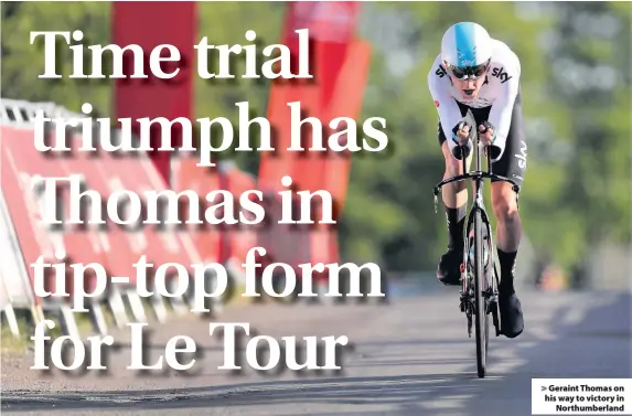  ??  ?? > Geraint Thomas on his way to victory in Northumber­land